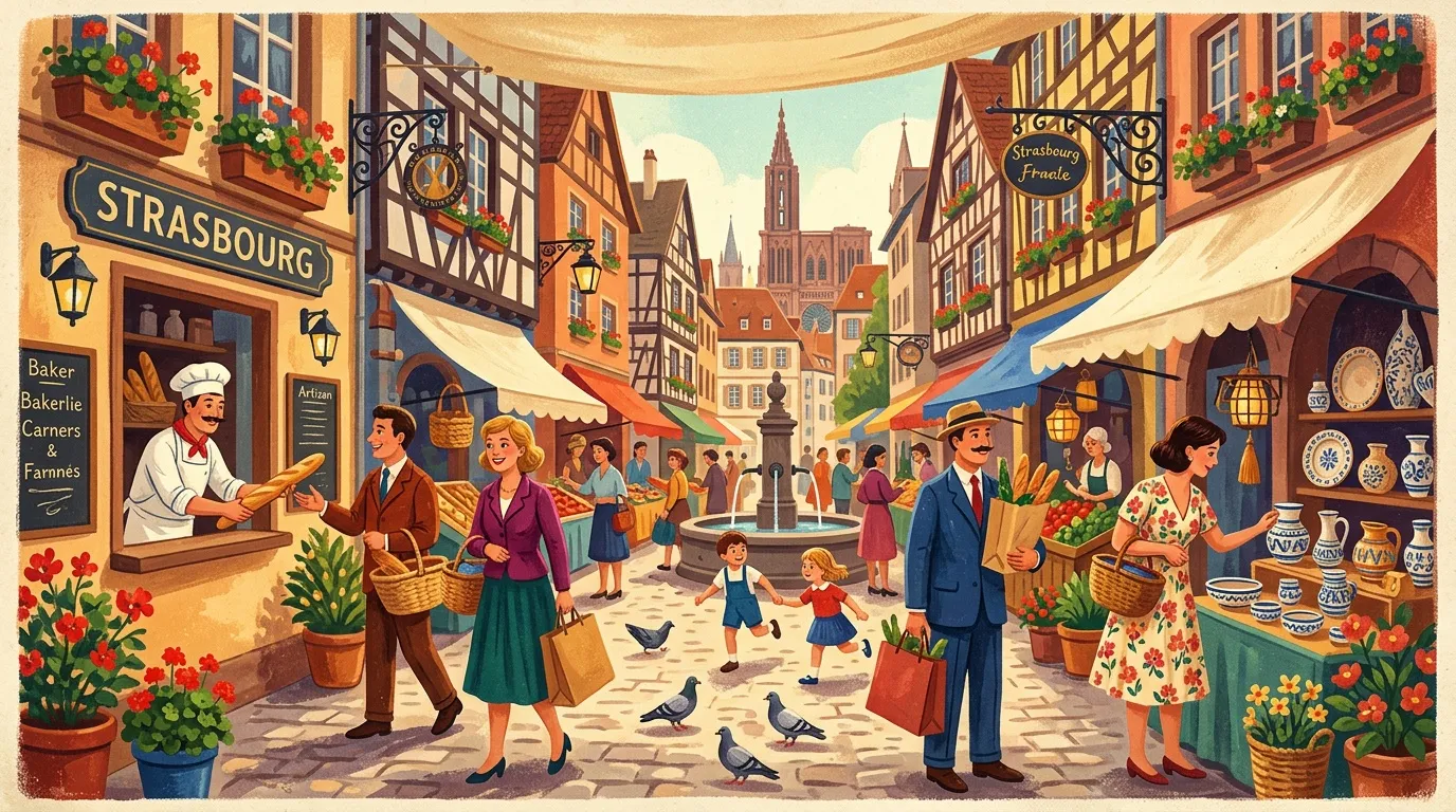 Scène animée d'un marché strasbourgeois avec architecture alsacienne colorée