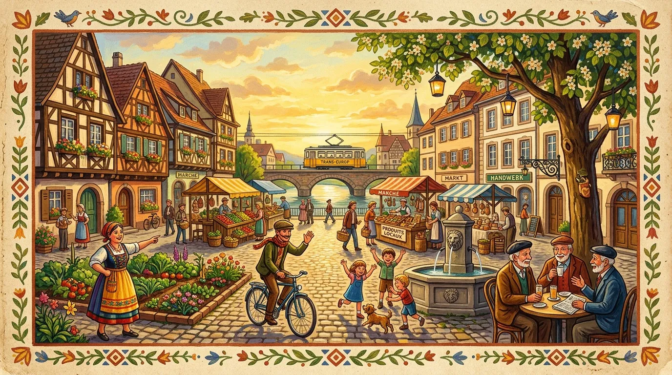 Place de marché animée avec maisons à colombages et tramway