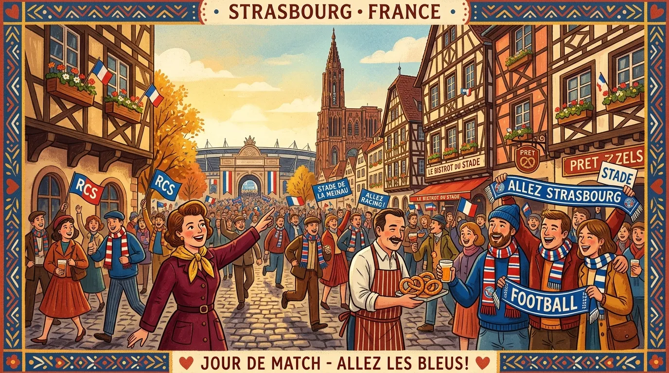 Foule célébrant match foot Strasbourg avec architecture alsacienne