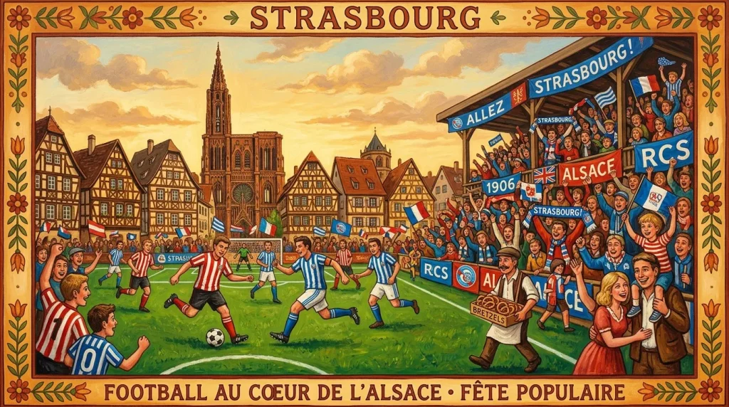 Match de football à Strasbourg avec foule en liesse et architecture alsacienne