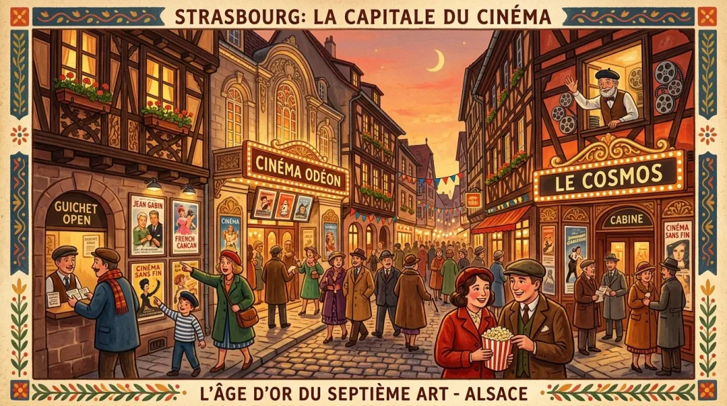Illustration vintage d'une rue de Strasbourg avec cinémas et passants années 1930