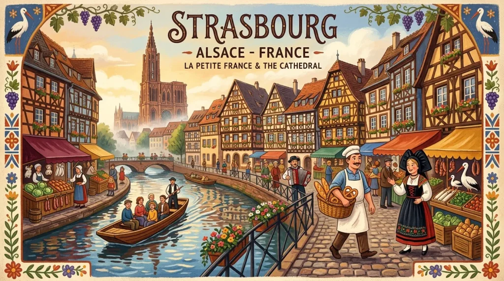 Illustration vintage de Strasbourg avec cathédrale, maisons à colombages, marché