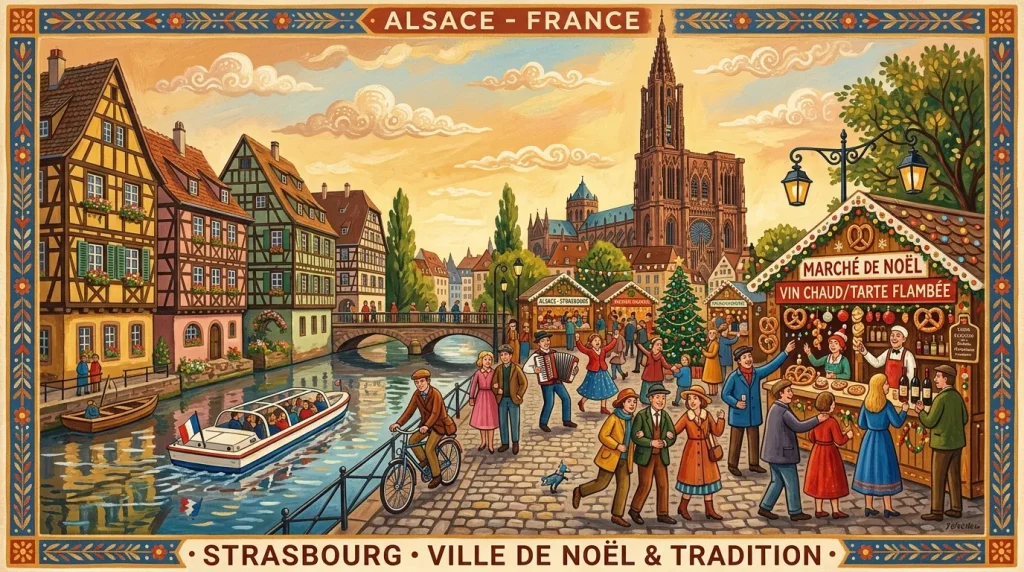 Affiche vintage marché Noël Strasbourg avec cathédrale architecture alsacienne