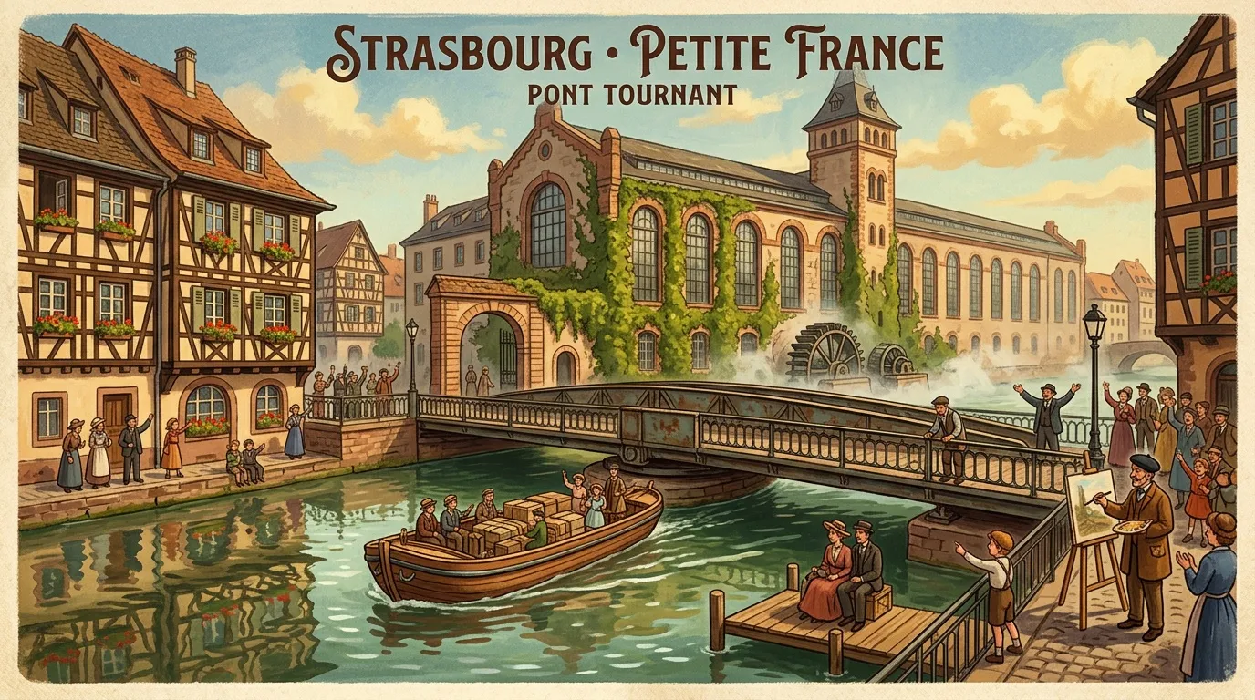 Illustration vintage du Pont Tournant à Strasbourg avec canal et architecture alsacienne