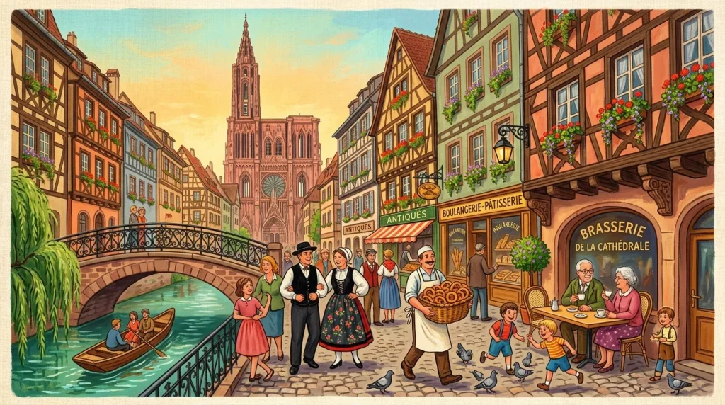 Rue pittoresque avec cathédrale, commerces et habitants en costumes traditionnels