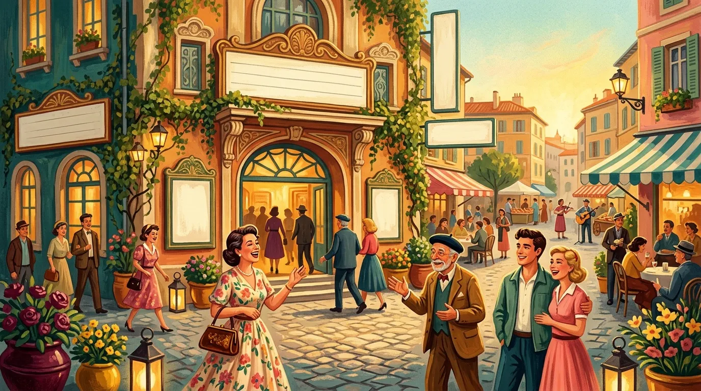 Place anim&eacute;e avec fa&ccedil;ades color&eacute;es, habitants et commerces au coucher soleil
