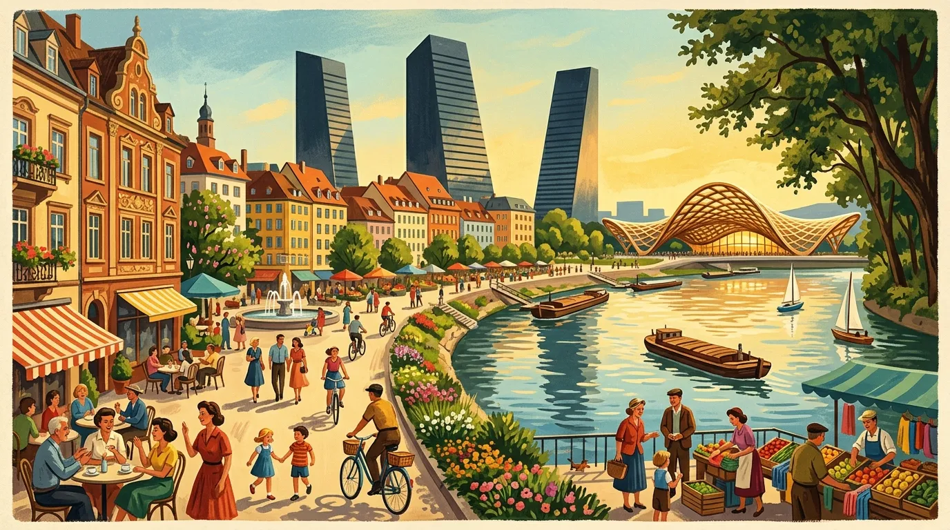Illustration vintage d'une ville moderne avec rivière, bâtiments historiques et vie quotidienne