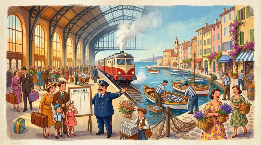 Gare avec train rouge et blanc, port méditerranéen animé avec bateaux